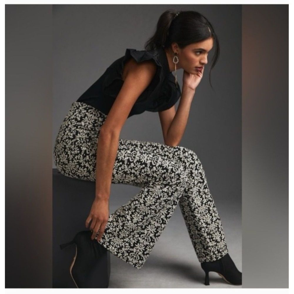 Anthropologie Damask Print Pants‎ High-Rise Flare Stretch Medium Black White - Picture 2 of 13